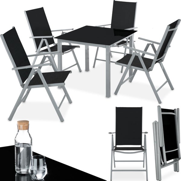 Sitzgruppe tectake Stabia mit Aluminiumgestell, für 4 Personen Tisch mit Sicherheitsglasplatte und Ausgleichsschrauben