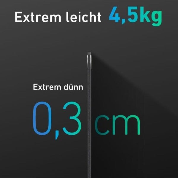 Produktmerkmale: Extrem leicht mit 4,5 Kilogramm und extrem dünn mit 0,3 Zentimeter Stärke.
