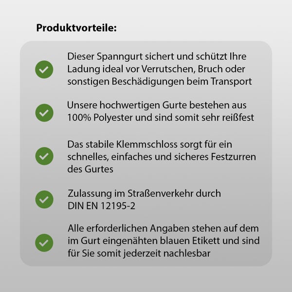 Infografik mit Produktvorteilen eines Spanngurts inklusive Materialinformationen, Verschlussart, Normenkonformität und Sicherheitshinweisen.