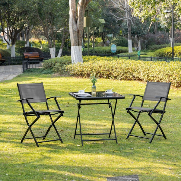 Outsunny Sitzgruppe, 3tlg. Balkonset, 1 Tisch+2 Stühle, klappbar, 60L x 60B x 70H cm, Metall, Mesh, Schwarz+Grau