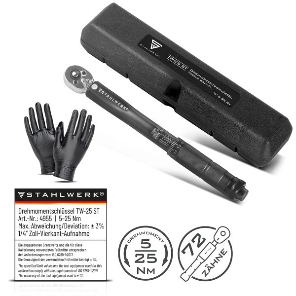 Stahlwerk Drehmomentschlüssel TW-25 ST mit Koffer und Arbeitshandschuhen