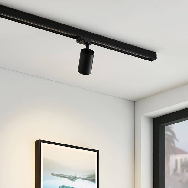 Schwarzes Schienensystem mit zylindrischem Strahler an weißer Decke montiert, beleuchtet ein gerahmtes Bild an einer weißen Wand.