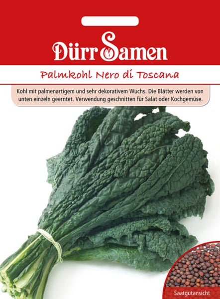 Samentüte für Palmkohl Nero di Toscana von Dürr Samen mit Abbildung der dunklen, gekräuselten Blätter und einer Detailansicht der Samen.