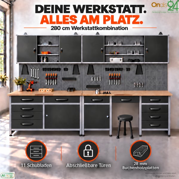280 cm Werkstattkombination mit 11 Schubladen, abschließbaren Türen und 28 mm Buchenholzplatte, inklusive Oberschränken und Lochwand.