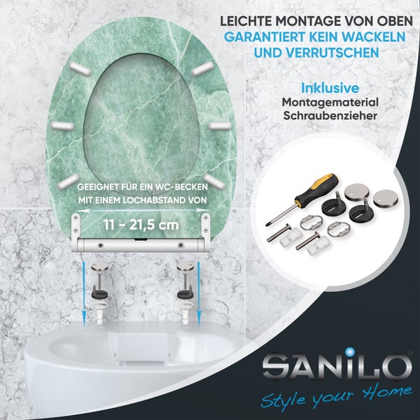 Sanilo Toilettensitz mit Marmoroptik und Montageanleitung für einfache Befestigung von oben inklusive Befestigungsmaterial und Schraubenzieher.