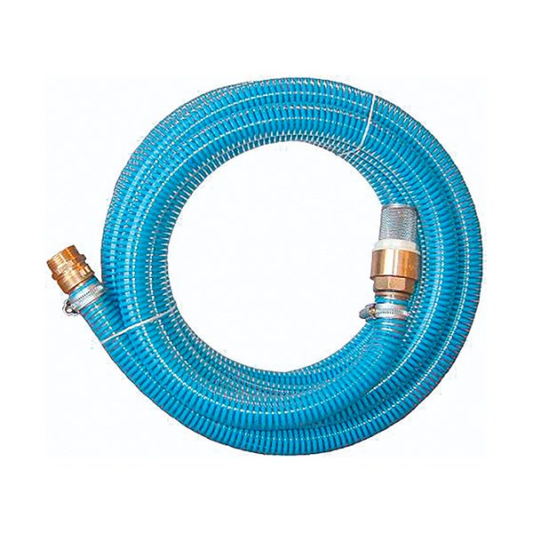 Blauer Saugschlauch für Gartenpumpen mit Messinganschlüssen und Saugfilter.
