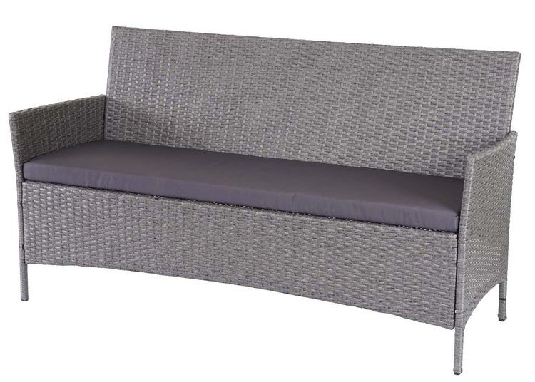 Gartenbank aus Polyrattan-Geflecht in Grau mit dunkelgrauer Sitzauflage und Armlehnen.