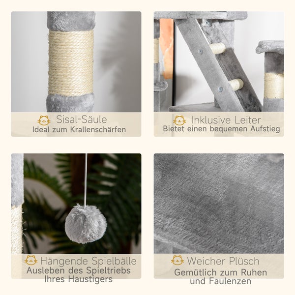 Detailansichten eines Kratzbaums, einschließlich Sisalsäule, Leiter, Spielbälle und Plüsch