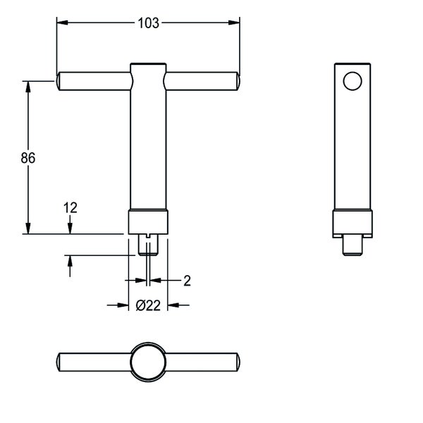 Technische Zeichnung eines T-Griffs mit Abmessungen in Millimetern: Breite 103, Höhe 86 und Durchmesser 22.