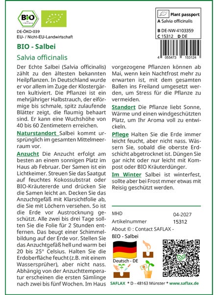 SAFLAX  - BIO - Salbei - Salvia officinalis - 60 Samen - Mit keimfreiem Anzuchtsubstrat