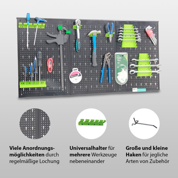 Lochwand zur Werkzeugaufbewahrung mit Haken und Haltern für eine strukturierte Organisation von Handwerkzeugen in der Werkstatt.