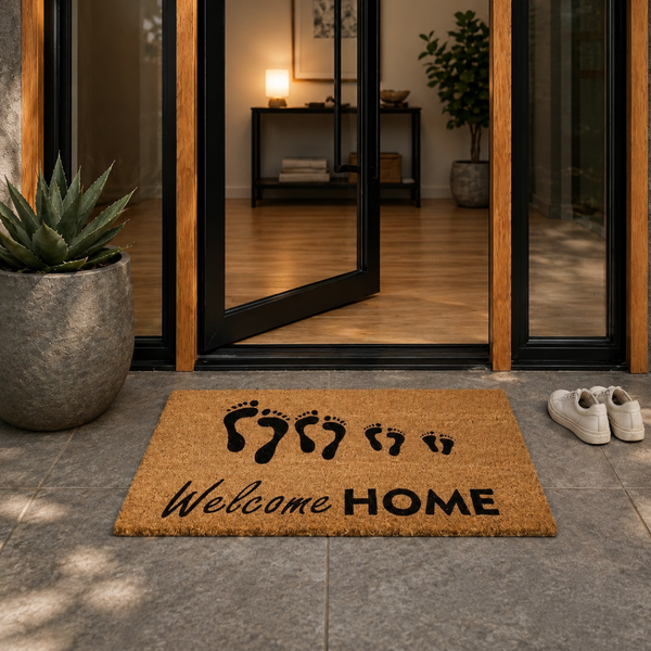 Rechteckige Fußmatte aus Naturfaser mit Fußabdrücken und Welcome HOME Schriftzug vor einem modernen Hauseingang.