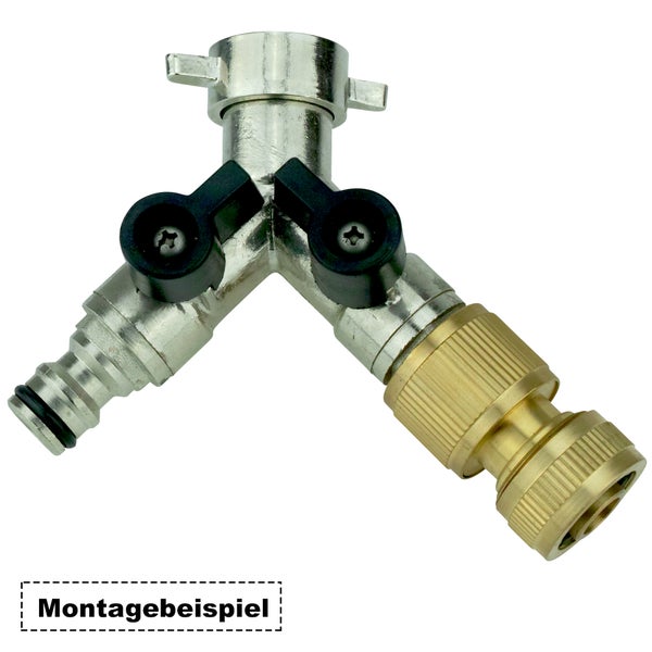 V-GY. Verteiler 2-Wege mit Absperrhähnen 3/4IG - 2x1/2Stutzen für Kupplung (Nikel)