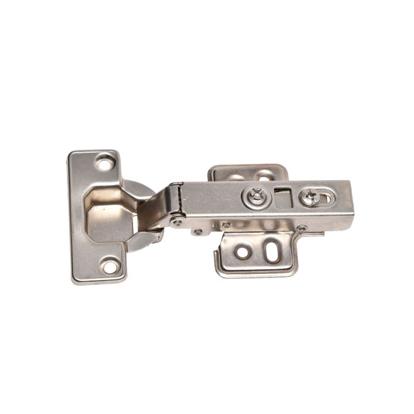 Ein Topfscharnier aus Metall für Möbel und Schranktüren.