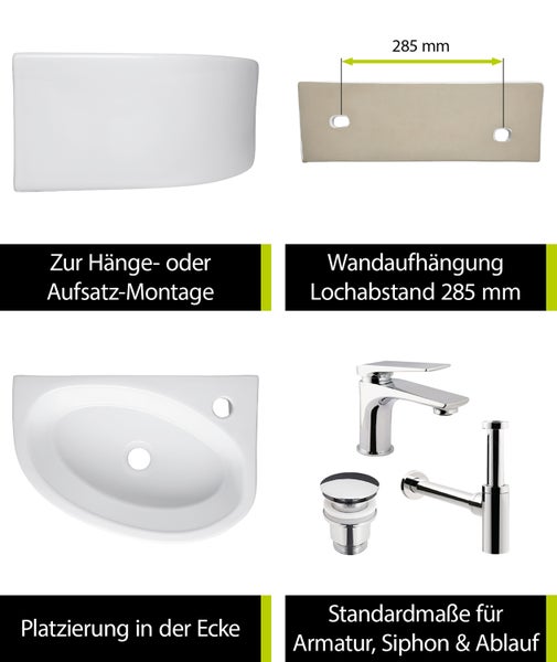 aquaSu® Handwaschbecken Liam 42 cm | Eck-Waschtisch mit Hahnloch | Kleines Hänge-Waschbecken rund | Wand- oder Aufsatzmontage | 42 x 29 cm | Sanitärkeramik in weiß | 562188