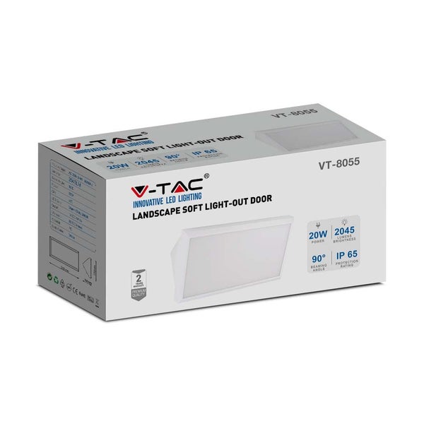 V-TAC LED-Außenleuchte VT-8055 in der Verpackung, Leistung 20 Watt, 2045 Lumen, Schutzart IP65 und Abstrahlwinkel 90 Grad.