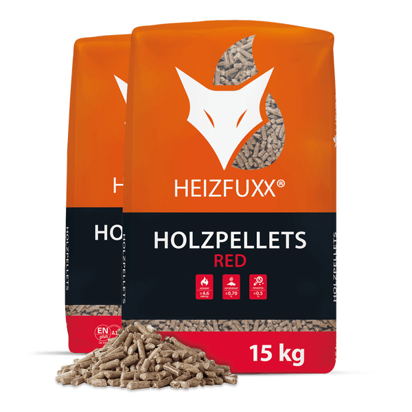 Heizfuxx Holzpellets RED im 15 Kilogramm Sack, ENplus A1 zertifiziert, Heizwert mindestens 4,6 Kilowattstunden pro Kilogramm.