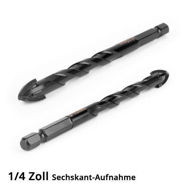 Zwei schwarze Fliesen- und Glasbohrer mit 10 Millimeter Durchmesser und 1/4 Zoll Sechskant-Aufnahme.