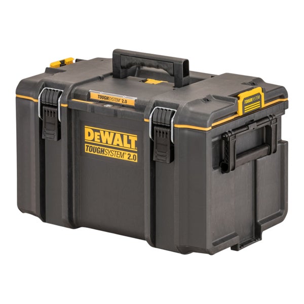 Robuste DeWALT ToughSystem 2.0 Werkzeugbox aus Kunststoff mit Tragegriff und Metallschließen.