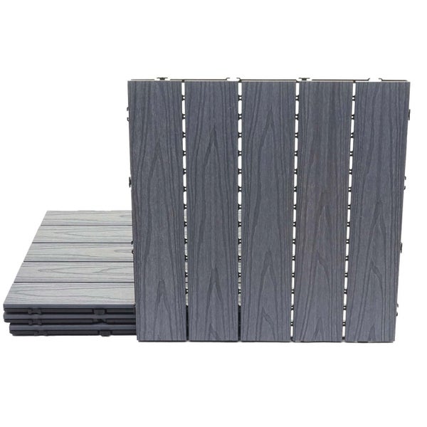 Terrassenfliese aus Holz-Kunststoff-Verbund in Anthrazit mit Holzstruktur und Klicksystem.
