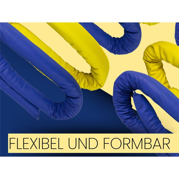 Biegsame und formbare Zugluftstopper in Blau und Gelb.