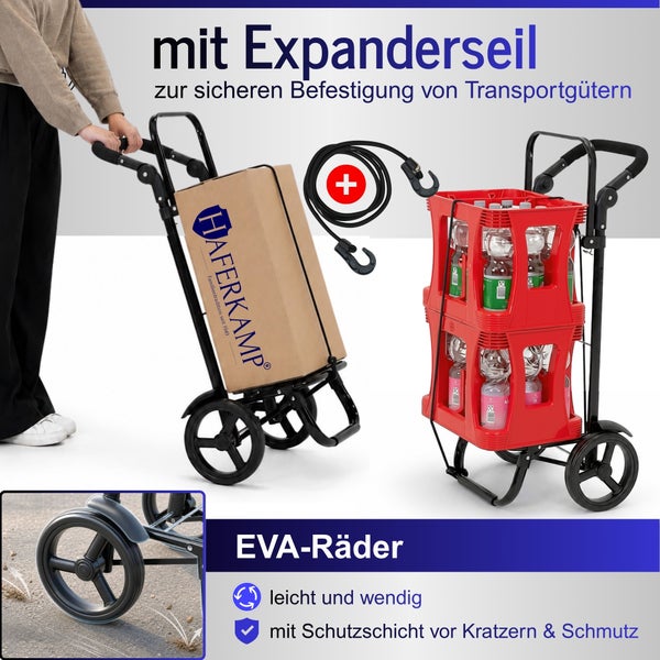 Sackkarre mit Expanderseil zur Befestigung von Kartons oder Getränkekisten, ausgestattet mit wendigen EVA-Rädern.
