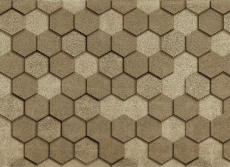 Wandbelag mit dreidimensionalem Effekt, Sechseck-Muster und Steinstruktur.