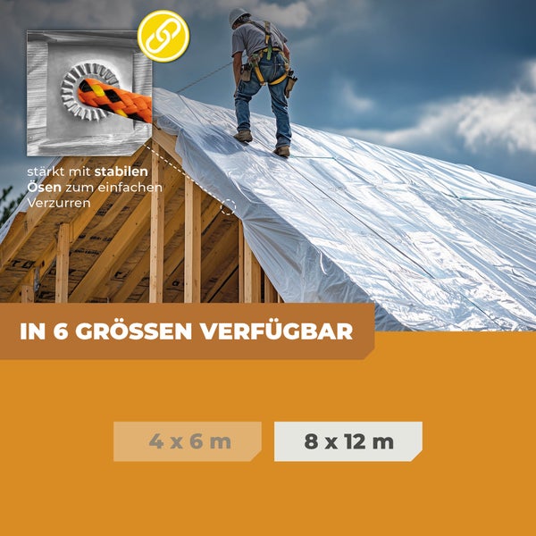 Abdeckplane auf einem Hausdach mit stabilen Ösen zur Befestigung, in sechs Größen von 4 mal 6 Meter bis 8 mal 12 Meter erhältlich.