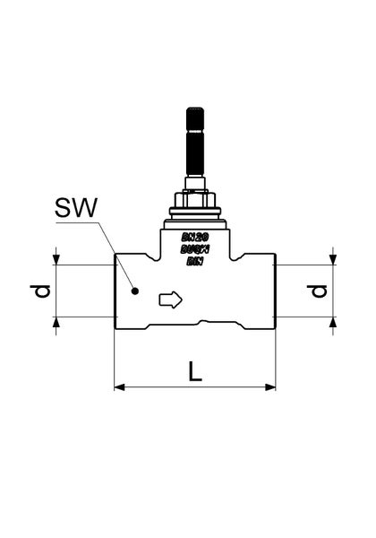 Technische Zeichnung eines Ventils mit Abmessungen für Durchmesser d, Länge L und Schlüsselweite SW sowie Angaben zur Nennweite 20 und Normung.