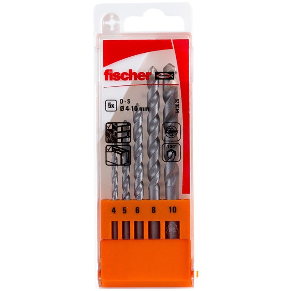 Fischer Steinbohrer Set, fünf Bohrer mit Durchmessern von 4 bis 10 mm