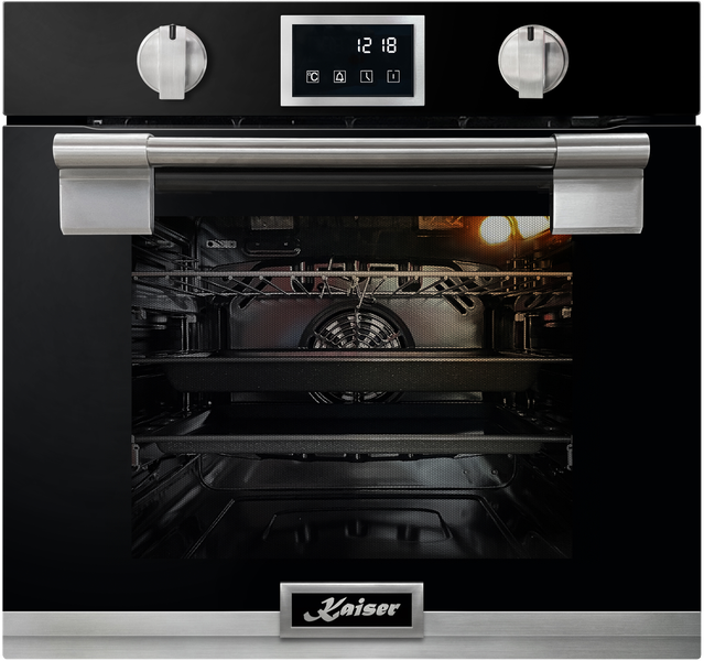 Einbau Backofen von Kaiser mit Edelstahlgriffen und digitaler Anzeige für den Kücheneinbau.