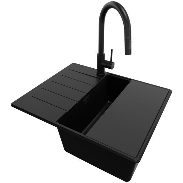 Schwarze Küchenspüle mit Abtropffläche und Wasserhahn