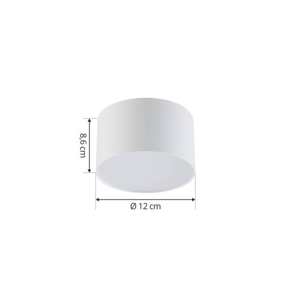 Zylindrische Deckenleuchte mit einer Höhe von 8,6 Zentimetern und einem Durchmesser von 12 Zentimetern.