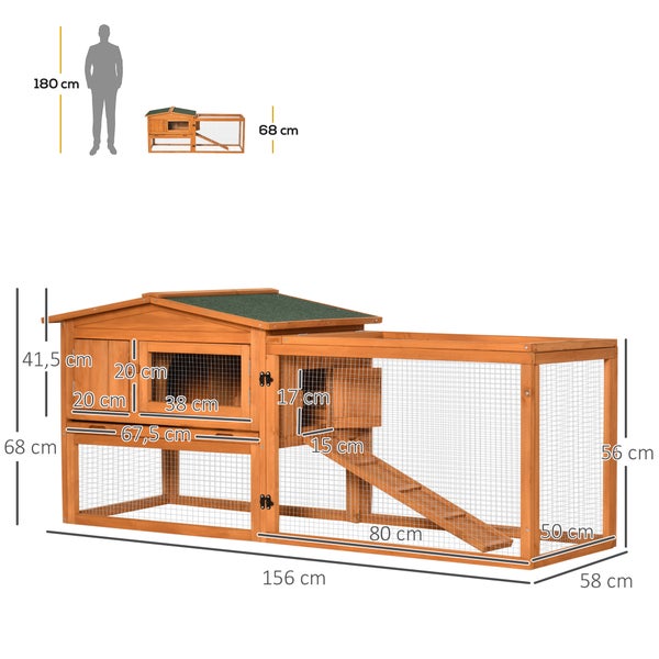 PawHut Hasenstall Kaninchenstall mit Freilaufgehege Bodenwanne, Rampe, Kleintierstall aus Holz Meerschweinchen Gehege mit 2 Etagen, Sichtfenster, für Zwergkaninchen 156x58x68 cm, Orange