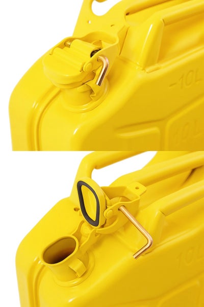 Detailansicht eines gelben 10 Liter Kraftstoffkanisters mit Verschluss