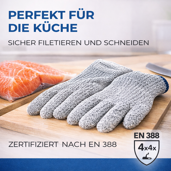 Schnittschutzhandschuhe für die Küche auf einem Holzbrett neben Lachs, zertifiziert nach EN 388 für sicheres Filetieren und Schneiden.