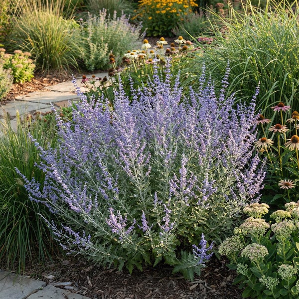 Blauraute Perovskia atriplicifolia mit violetten Blüten und silbrig-grünem Laub in einem hellen Staudenbeet neben Ziergräsern und Sonnenhut.
