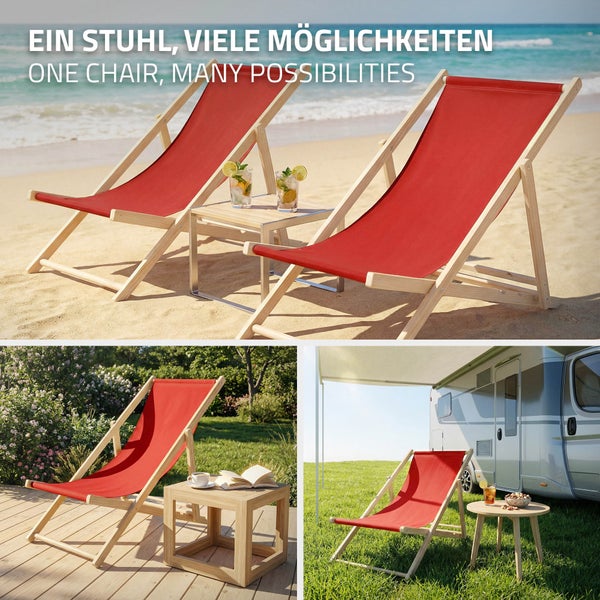Holz-Liegestuhl mit rotem Stoffbezug in verschiedenen Umgebungen wie am Strand, im Garten auf der Terrasse und beim Camping neben einem Wohnmobil.
