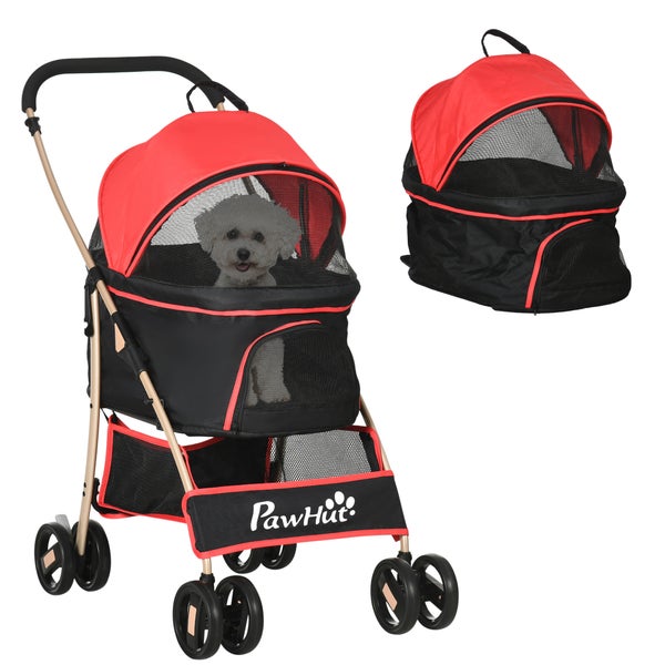 PawHut Hundewagen, 2 in 1 Hundetrolley, Tragetasche, faltbarer Hundebuggy mit Kissen, Katzenwagen für kleine Hunde, Katzen, Katzenbuggy mit  4 Rädern, Netzfenster, Oxfordstoff, Rot