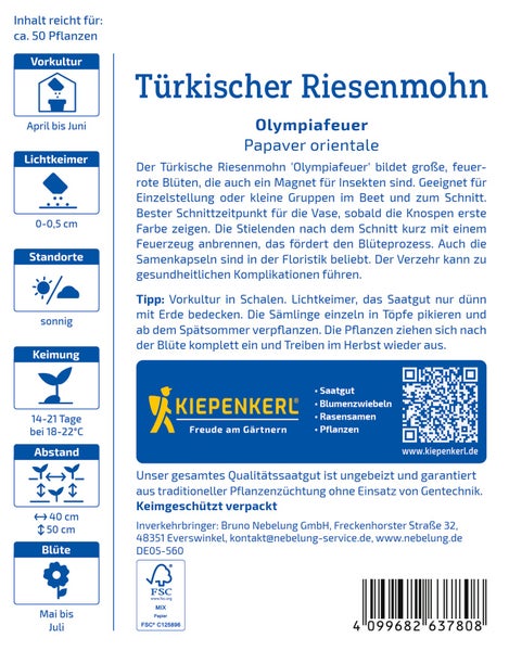 Saatgut für Türkischen Riesenmohn Olympiafeuer von Kiepenkerl mit Anzuchtinformationen und Pflanzanleitung auf der Verpackung.