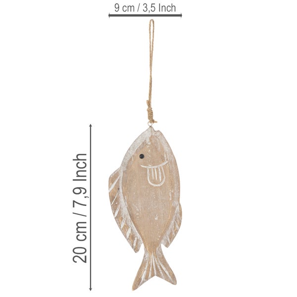 Dekorativer Fisch aus Holz zum Aufhängen mit Kordel, Breite 9 Zentimeter, Höhe 20 Zentimeter.