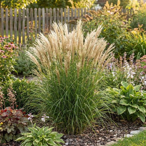 Ziergras mit hohen federartigen Blütenständen in einem Gartenbeet mit Stauden und einem Holzzaun.