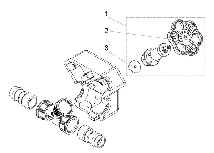 Technische Explosionszeichnung einer Wasserarmatur mit Handrad inklusive Traumfrei Logo, Ventiloberteil und Anschlüssen.