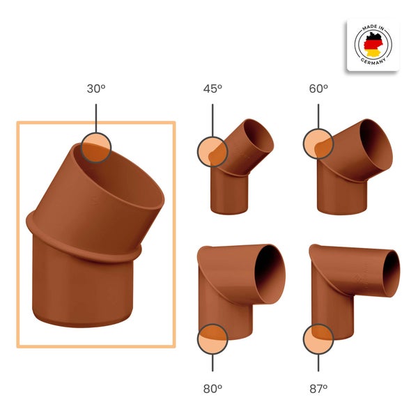 Brauner Abwasserrohr-Bogen aus Kunststoff in den Winkeln 30 Grad, 45 Grad, 60 Grad, 80 Grad und 87 Grad. Hergestellt in Deutschland.