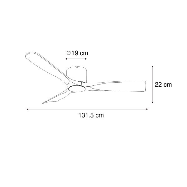 Maßzeichnung eines Deckenventilators mit drei Flügeln. Durchmesser 131,5 Zentimeter, Gesamthöhe 22 Zentimeter, Baldachin 19 Zentimeter.
