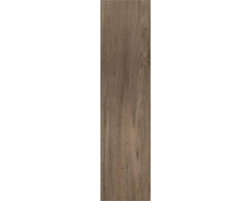 Bodenfliese aus Feinsteinzeug in Holzoptik, rechteckiges Dielenformat mit Maserung.