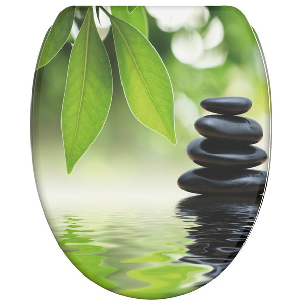 Sanilo Toilettensitz mit Zen-Motiv, einfache Montage von oben, per Knopfdruck abnehmbar, robust und langlebig.