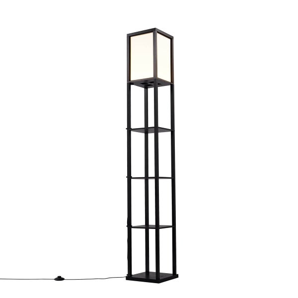 Stehlampe mit rechteckigem Lampenschirm und offenem Regal