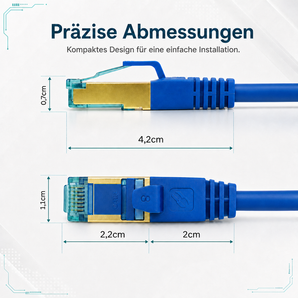 Abmessungen eines Cat 8 Netzwerkkabel-Steckers: 0,7 Zentimeter Höhe, 1,1 Zentimeter Breite und eine Gesamtlänge von 4,2 Zentimeter.