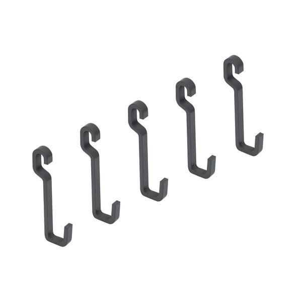 Set aus fünf schwarzen Metallhaken zum Einhängen in eine Schiene.